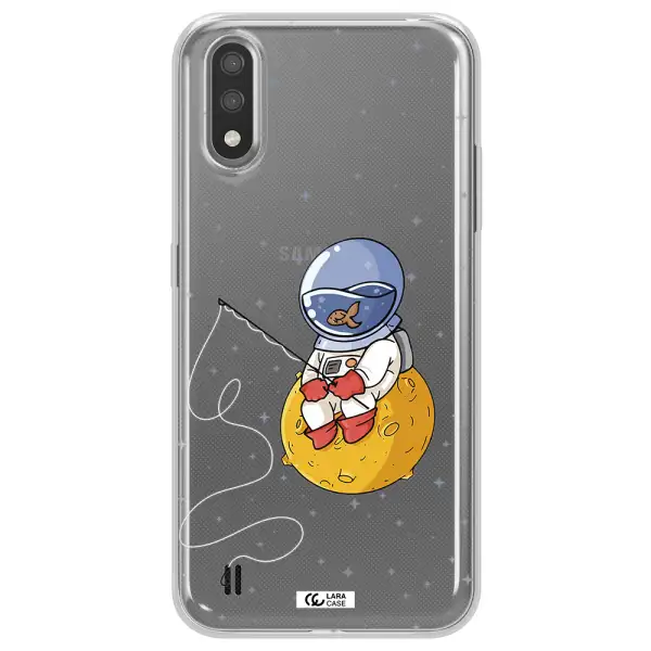 a cartoon of an astronaut sitting on a moon Samsung A01 Clear TPU Case