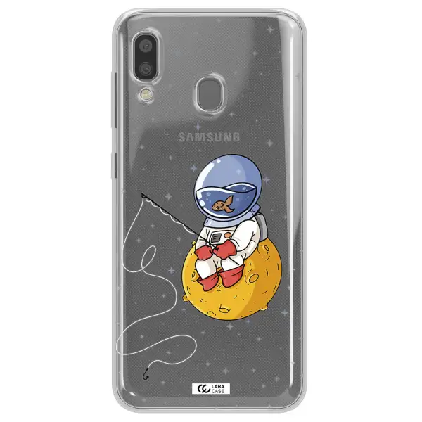 a cartoon of an astronaut sitting on a moon Samsung A20 Clear TPU Case