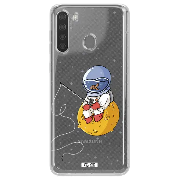 a cartoon of an astronaut sitting on a moon Samsung A21 Clear TPU Case