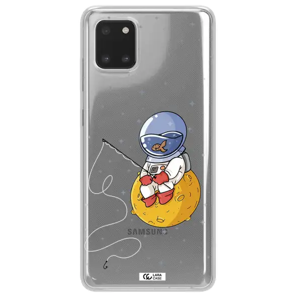 a cartoon of an astronaut sitting on a moon Samsung A81 Clear TPU Case