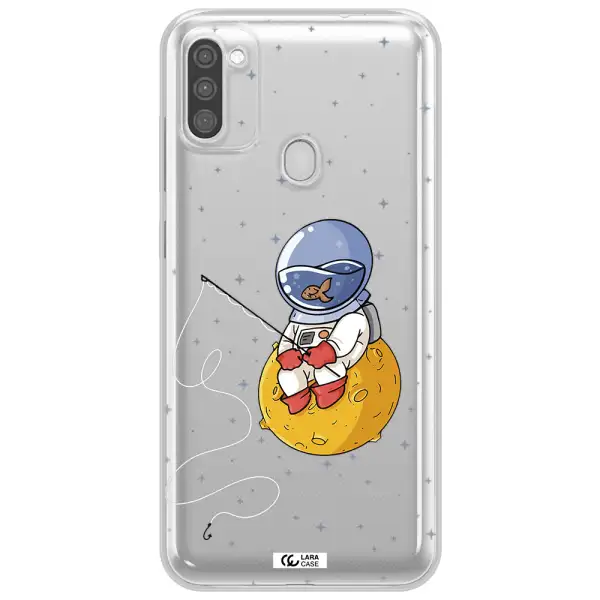 a cartoon of an astronaut sitting on a moon Samsung M11 Clear TPU Case