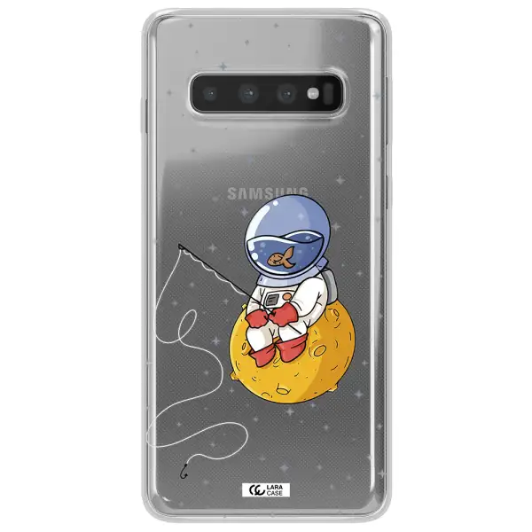 a cartoon of an astronaut sitting on a moon Samsung S10 Clear TPU Case