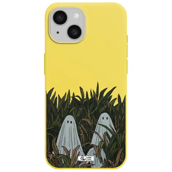 a group of ghosts in a field of grass Apple iPhone 15 Silicone canary yellow Case