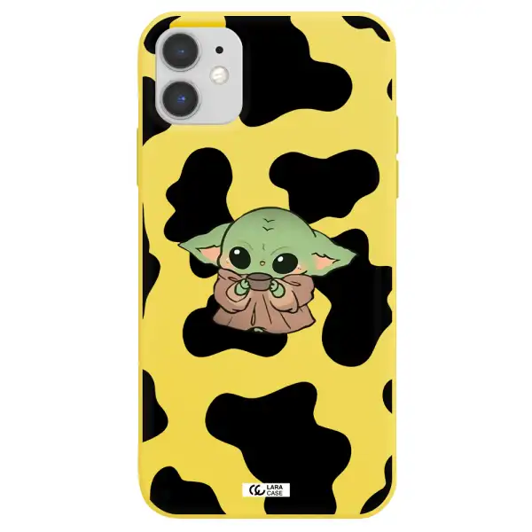 a cartoon of a baby yoda Apple iPhone 11 Silicone canary yellow Case