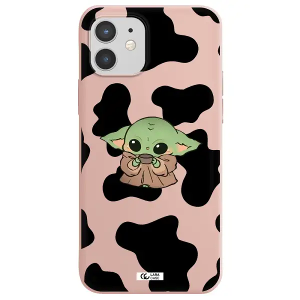 a cartoon of a baby yoda Apple iPhone 12 Silicone pastel pink Case