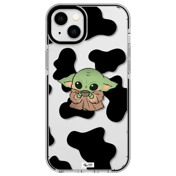 a cartoon of a baby yoda Apple iPhone 14 plus impact black border Case