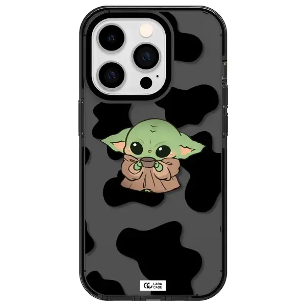 a cartoon of a baby yoda Apple iPhone 14 pro impact Smoke Black Case