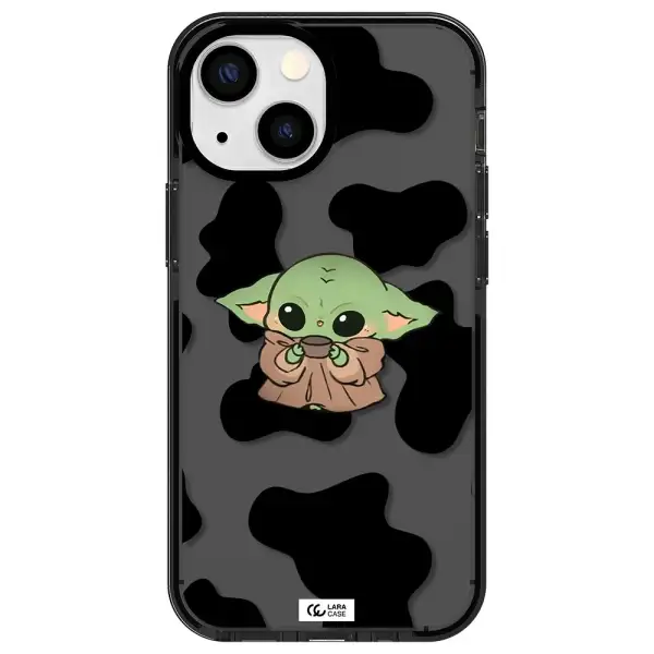a cartoon of a baby yoda Apple iPhone 15 impact Smoke Black Case