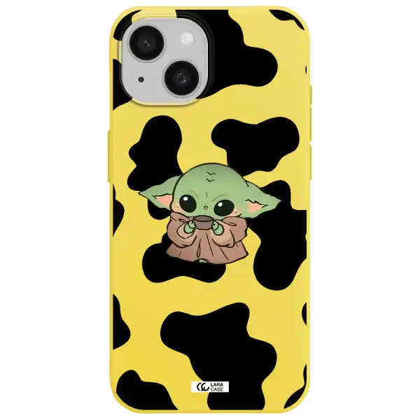 a cartoon of a baby yoda Apple iPhone 15 Silicone canary yellow Case
