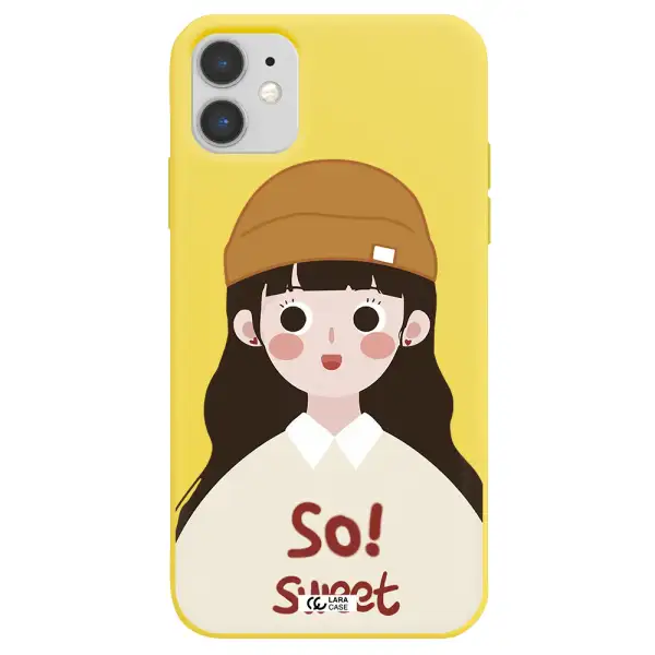 a cartoon of a girl with brown hair Apple iPhone 11 Silicone canary yellow Case