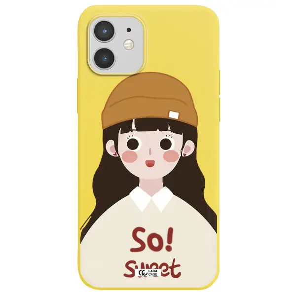 a cartoon of a girl with brown hair Apple iPhone 12 mini Silicone canary yellow Case