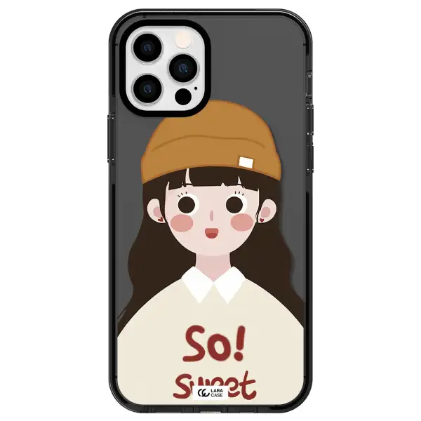 a cartoon of a girl with brown hair Apple iPhone 12 pro impact Smoke Black Case