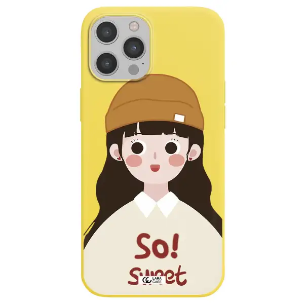 a cartoon of a girl with brown hair Apple iPhone 12 pro max Silicone canary yellow Case