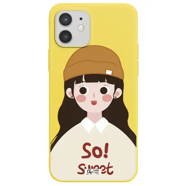 a cartoon of a girl with brown hair Apple iPhone 12 Silicone canary yellow Case