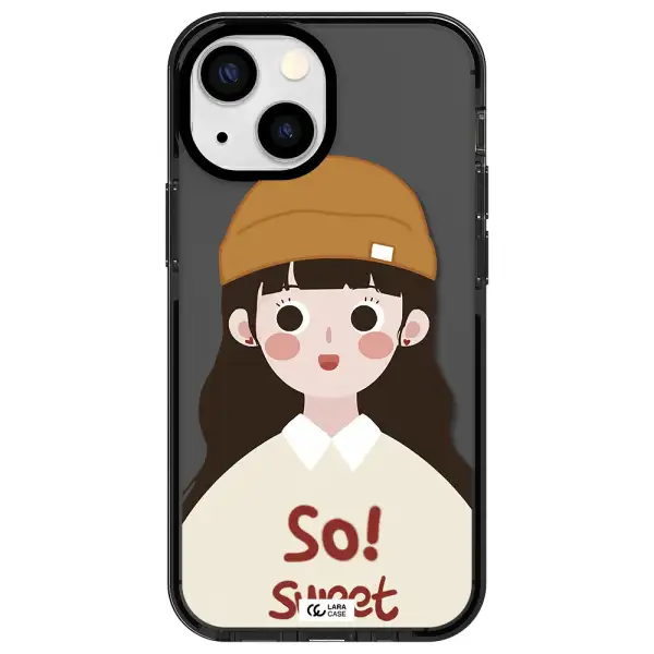 a cartoon of a girl with brown hair Apple iPhone 13 mini impact Smoke Black Case