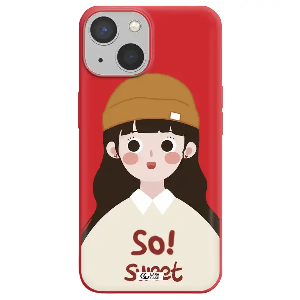 a cartoon of a girl with brown hair Apple iPhone 13 mini Silicone Imperial Red Case