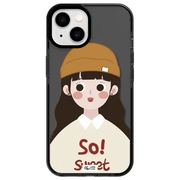 a cartoon of a girl with brown hair Apple iPhone 14 impact Smoke Black Case