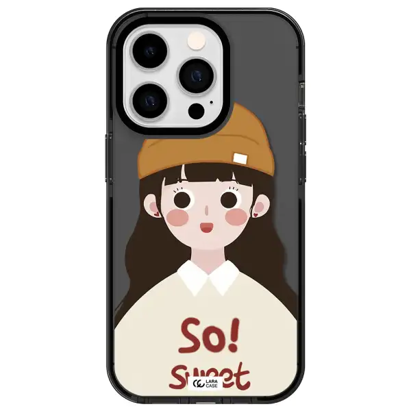 a cartoon of a girl with brown hair Apple iPhone 14 pro impact Smoke Black Case
