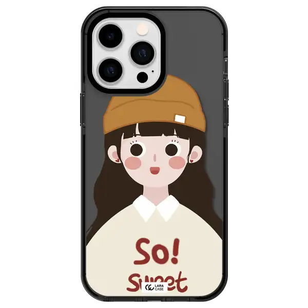 a cartoon of a girl with brown hair Apple iPhone 14 pro max impact Smoke Black Case