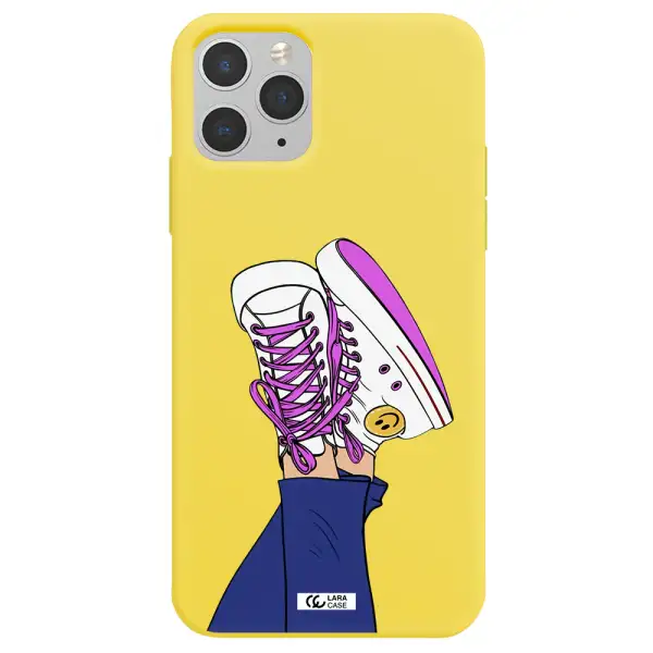 a cartoon of a person's feet with purple shoes Apple iPhone 11 pro Silicone canary yellow Case