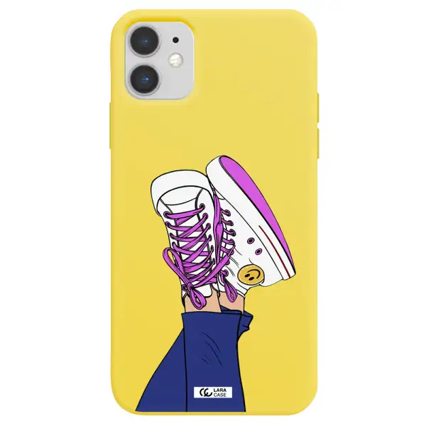 a cartoon of a person's feet with purple shoes Apple iPhone 11 Silicone canary yellow Case