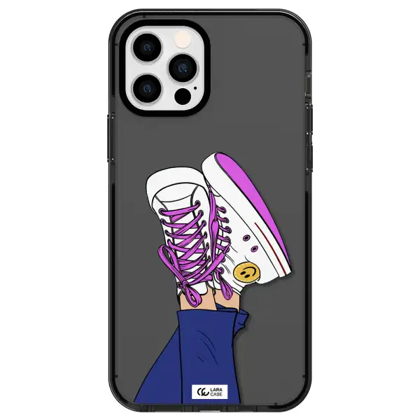 a cartoon of a person's feet with purple shoes Apple iPhone 12 pro impact Smoke Black Case