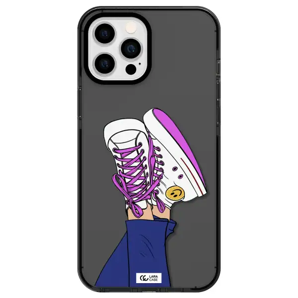 a cartoon of a person's feet with purple shoes Apple iPhone 12 pro max impact Smoke Black Case