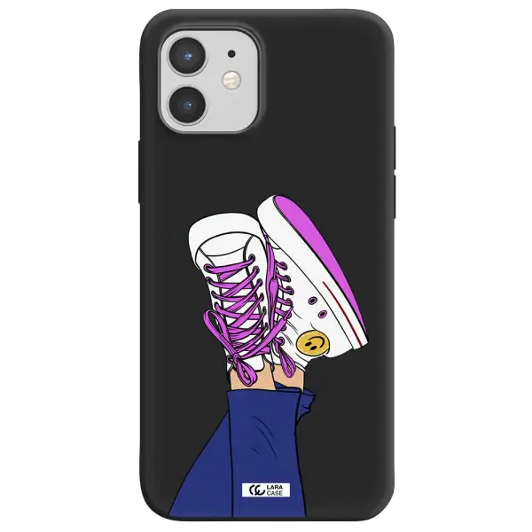 a cartoon of a person's feet with purple shoes Apple iPhone 12 Silicone black Case