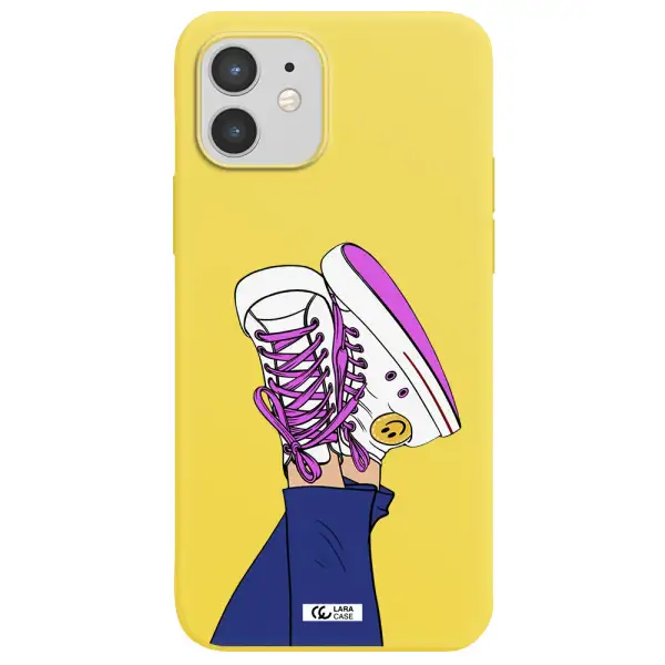 a cartoon of a person's feet with purple shoes Apple iPhone 12 Silicone canary yellow Case