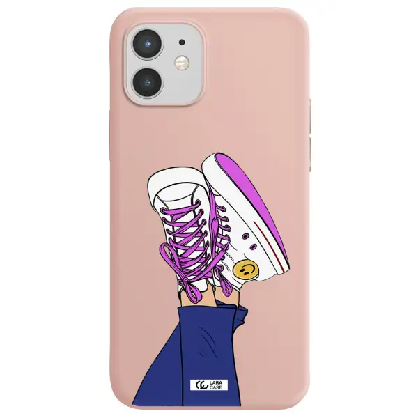 a cartoon of a person's feet with purple shoes Apple iPhone 12 Silicone pastel pink Case