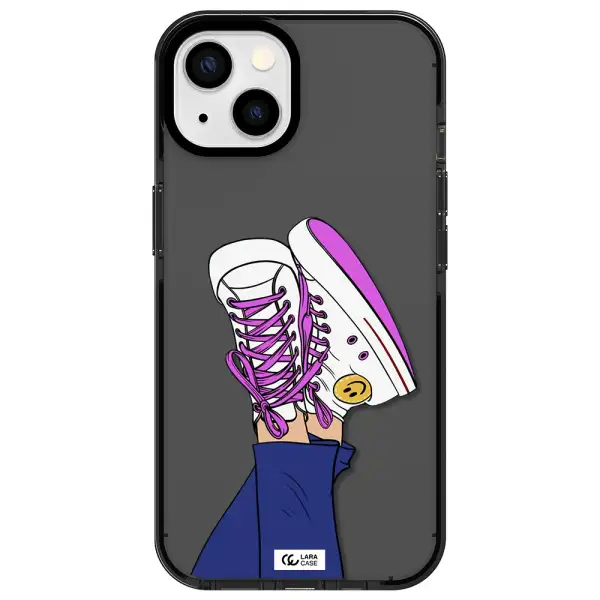 a cartoon of a person's feet with purple shoes Apple iPhone 13 impact Smoke Black Case