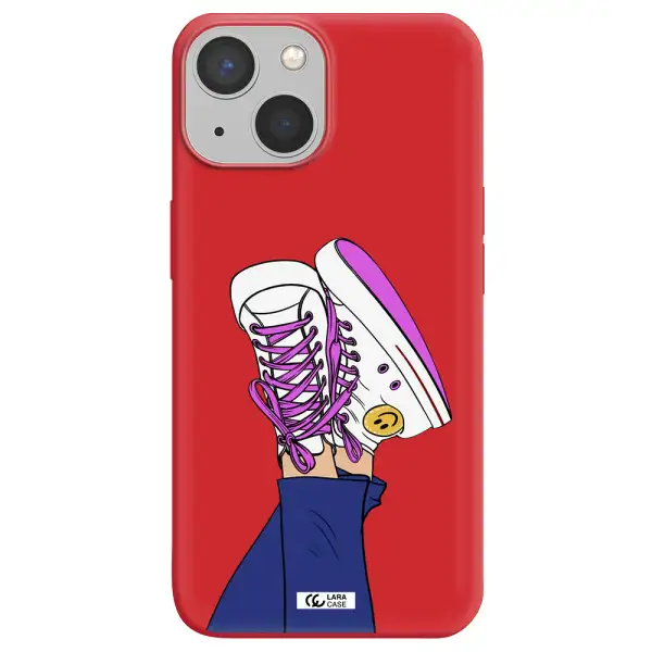 a cartoon of a person's feet with purple shoes Apple iPhone 13 mini Silicone Imperial Red Case