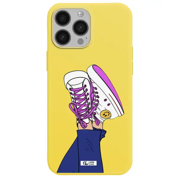 a cartoon of a person's feet with purple shoes Apple iPhone 13 Pro Silicone canary yellow Case