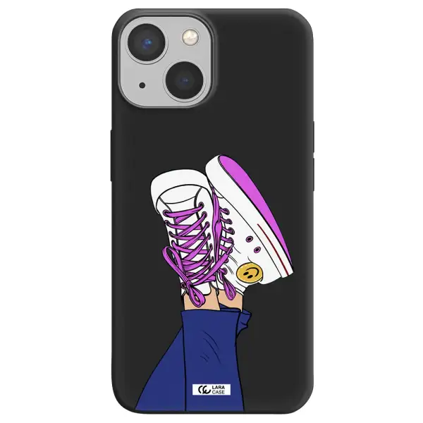 a cartoon of a person's feet with purple shoes Apple iPhone 13 Silicone black Case