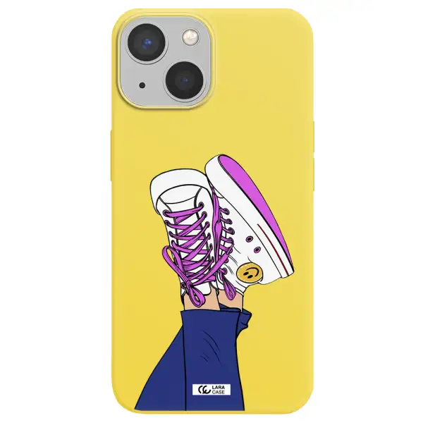 a cartoon of a person's feet with purple shoes Apple iPhone 13 Silicone canary yellow Case