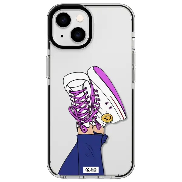 a cartoon of a person's feet with purple shoes Apple iPhone 14 impact black border Case