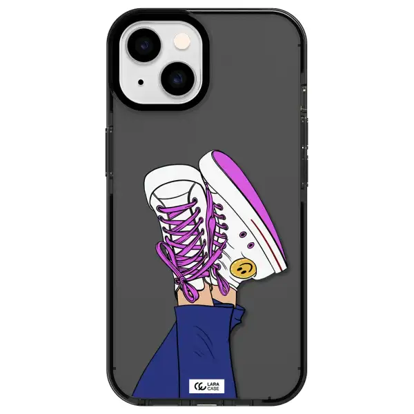 a cartoon of a person's feet with purple shoes Apple iPhone 14 impact Smoke Black Case