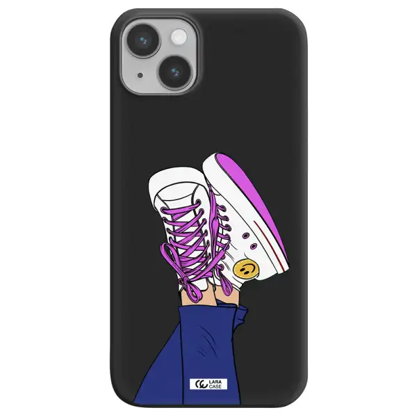 a cartoon of a person's feet with purple shoes Apple iPhone 14 plus Silicone black Case