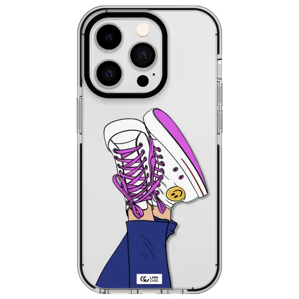 a cartoon of a person's feet with purple shoes Apple iPhone 14 pro impact black border Case