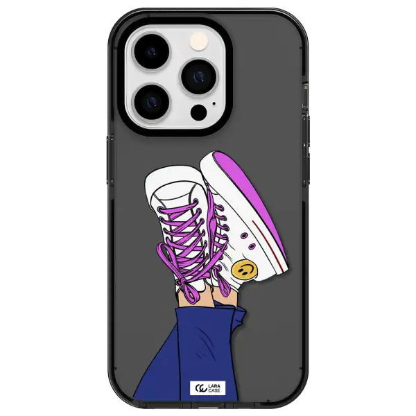 a cartoon of a person's feet with purple shoes Apple iPhone 14 pro impact Smoke Black Case
