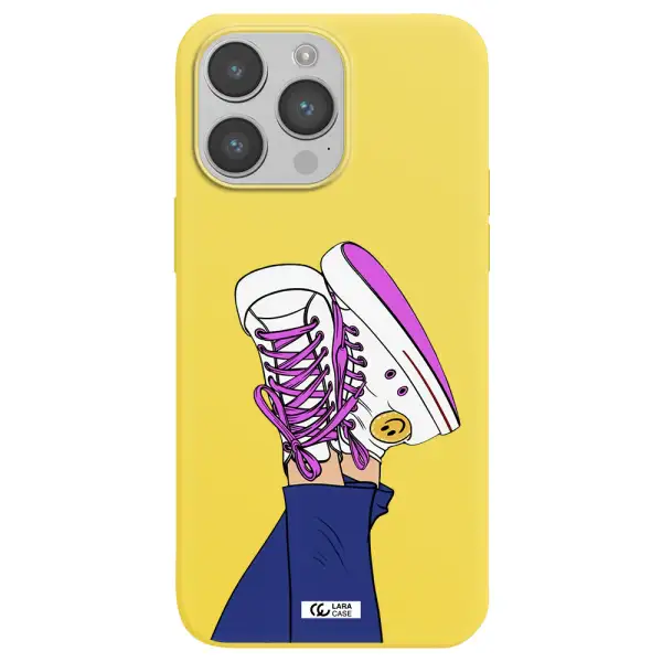 a cartoon of a person's feet with purple shoes Apple iPhone 14 pro Silicone canary yellow Case