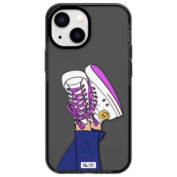 a cartoon of a person's feet with purple shoes Apple iPhone 15 Plus impact Smoke Black Case