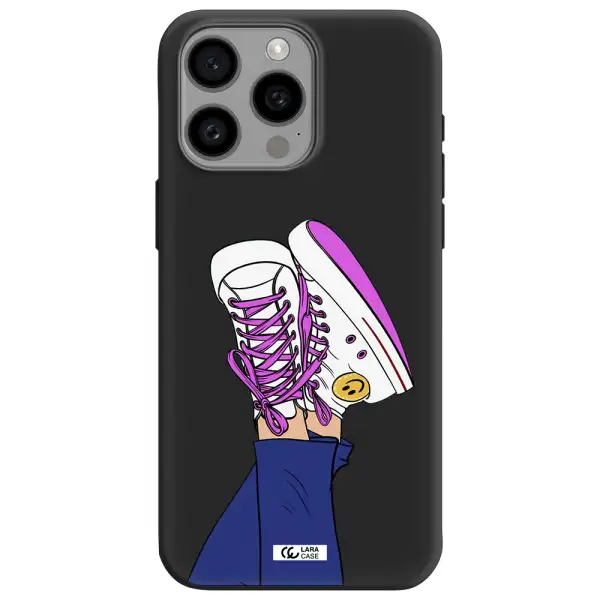 a cartoon of a person's feet with purple shoes Apple Iphone 15 Pro max Silicone black Case