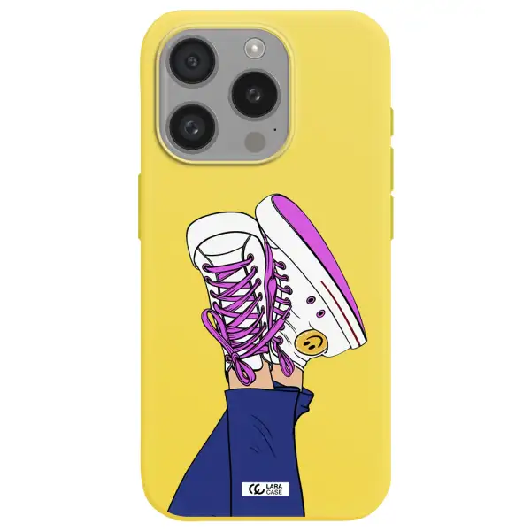 A Cartoon Of A Person's Feet With Purple Shoes Apple Iphone 15 Pro Silicone Canary Yellow Case