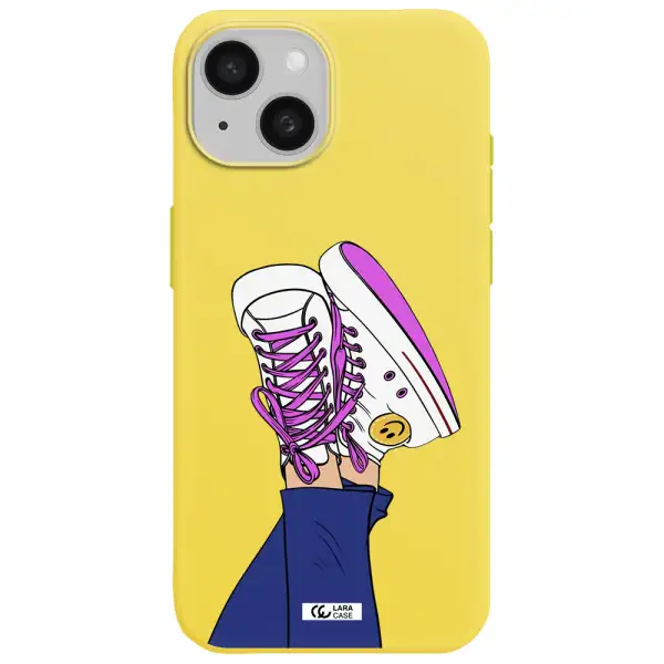 a cartoon of a person's feet with purple shoes Apple iPhone 15 Silicone canary yellow Case
