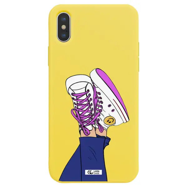 a cartoon of a person's feet with purple shoes Apple iPhone XS max Silicone canary yellow Case