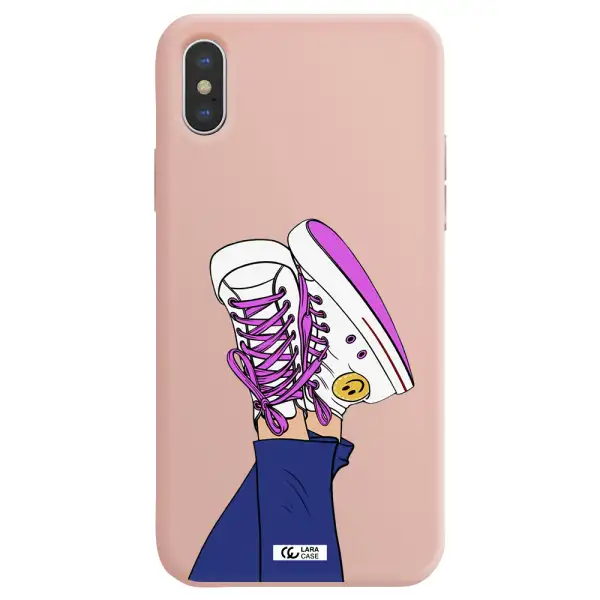 a cartoon of a person's feet with purple shoes Apple iPhone XS Silicone pastel pink Case