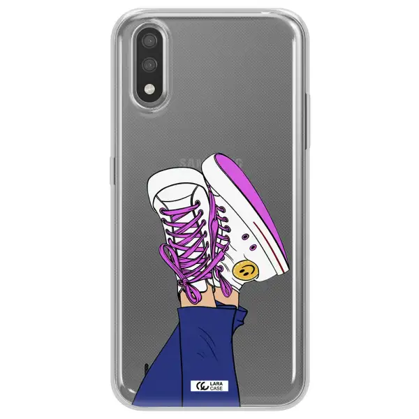 a cartoon of a person's feet with purple shoes Samsung A01 Clear TPU Case