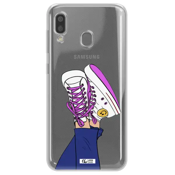 a cartoon of a person's feet with purple shoes Samsung A20 Clear TPU Case