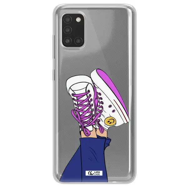 a cartoon of a person's feet with purple shoes Samsung A31 Clear TPU Case